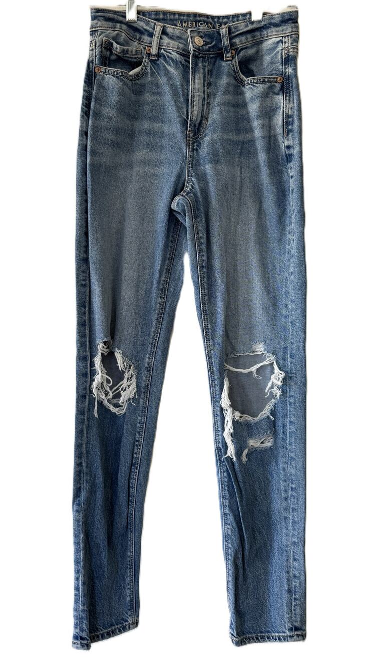 American Eagle Strigid Boyfriend Jeans Women’s 2 Long Distressed Medium Wash Y2K